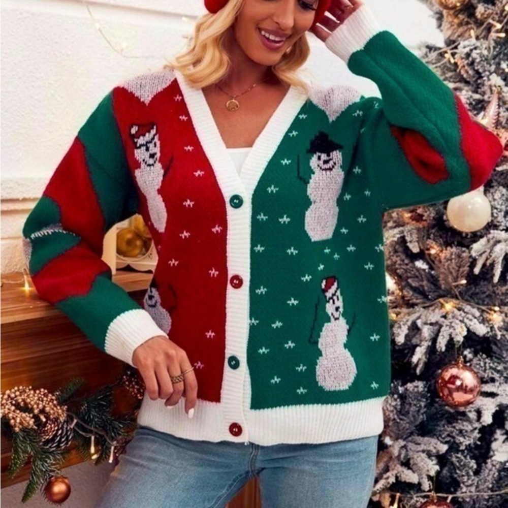 SHEIN Essence Christmas‎ Snowman Pattern Colorblock Drop Shoulder Cardigan